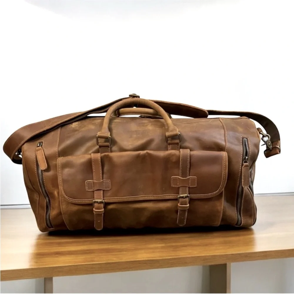 COGNAC LEATHER WEEKEND TRAVEL DUFFLE BAG LARGE